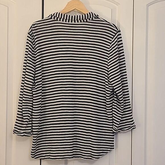 Chico's Striped Linen Pocket Top Navy White Stripe Size 3 Petite - Picture 7 of 10